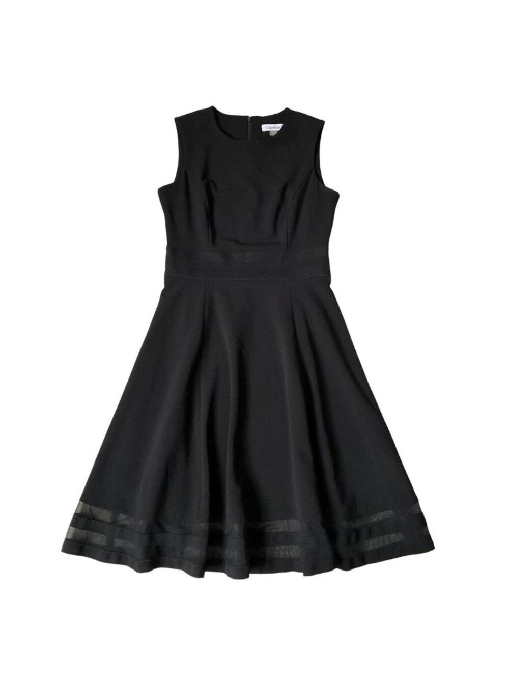 Calvin Klein Black Sleeveless Fit & Flare Dress With Sheer Hem Accent LBD sz 10